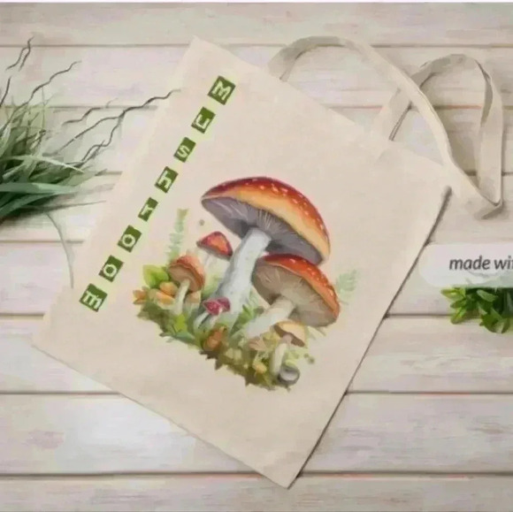 natalythyme Handbags - Mushroom  canvas recycled tote bag print